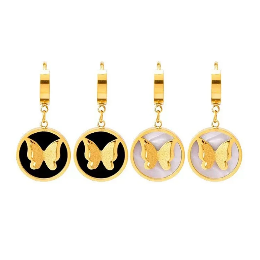 316L Stainless Steel Retro Circular Black White Natural Seashells Frosted Butterfly Pendant Earrings Fashion High Jewelry SAE895