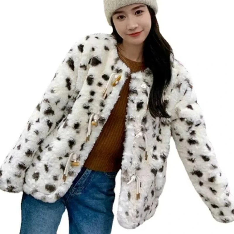 

Women's Leopard Print Lamb Wool Faux Fur Coat, Thick, Short Plush Outwear, Large Size, Warm, Winter, New Fashion, Female, 2024