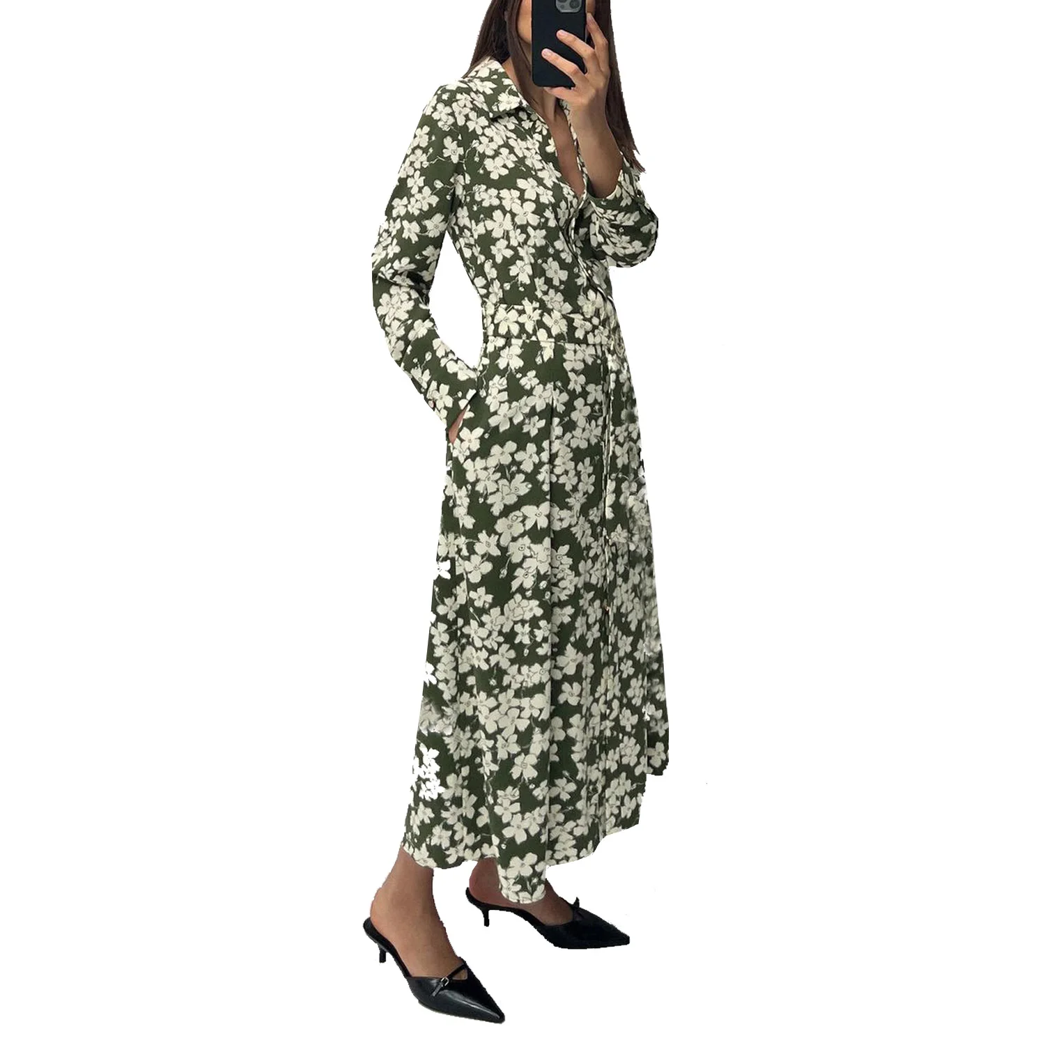 Women\'s Floral Printed Long Sleeve Dress, Long Skirt with Pleats, Slimming Waist Belt, Temperament, New, Shirt Style