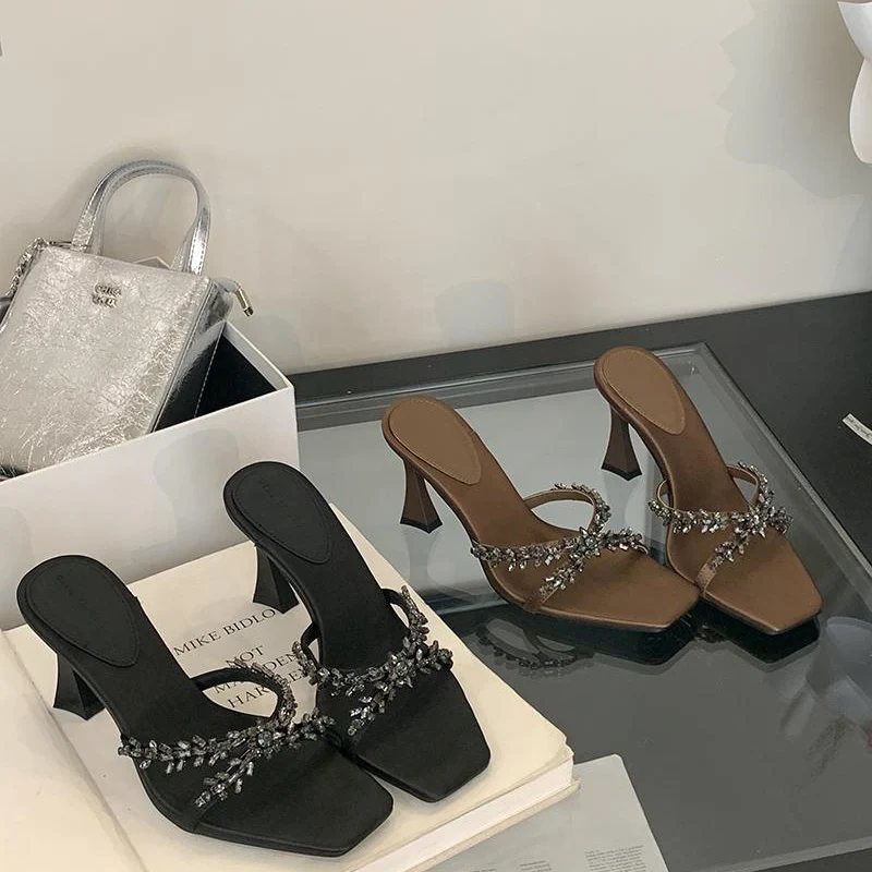 

Pop Summer Women's High Heel Slippers Fashion Crystal Open Toe Slides Elegant Outdoor Evening Party Shoes