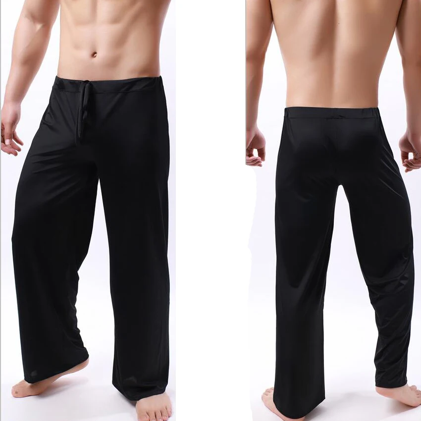 Sexy Men\'s Casual Pyjama Pants Solid Color Ice Silk Drawstring Elastic Waist Loose-Fitting Yoga Trouser Lounge Pajama Pants