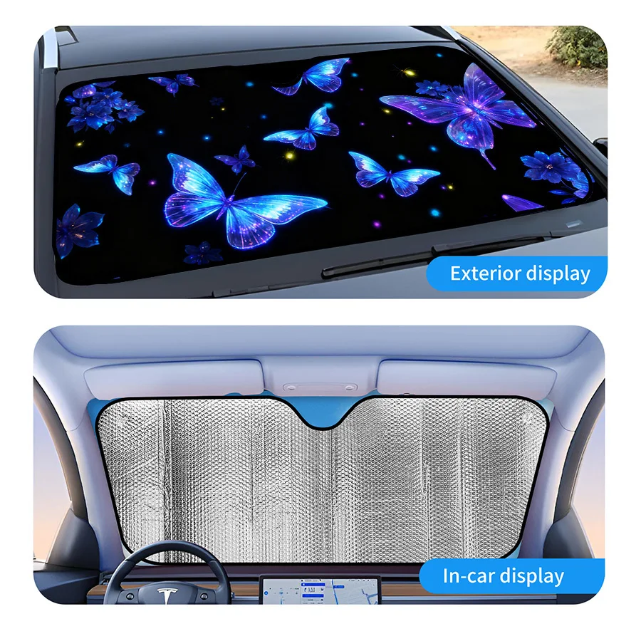Multifunctional Foldable Car Window Sunshade, 3 Sizes, UV Protection, Glowing Butterfly And Flower Pattern, For Summer Parking,