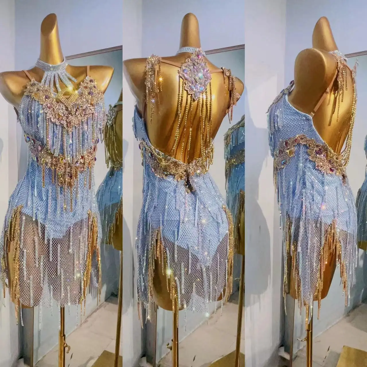 

New Women's Latin Dance Dress High Luxury Diamond Tassel Dress Adult and Children's Chacha Tango Professional Performance Dres