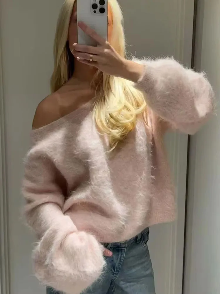

HH 2025 Autumn Women Fashion Solid Off-shoulder Knitted Pullover Sweater Female Asymmetric Loose Sweater Long Sleeves Tops