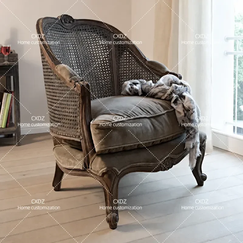 Rural Retro Rattan Solid Wood Tiger Chair Fabric Single Sofa High Back Armchair Living Room Lounge Seat
