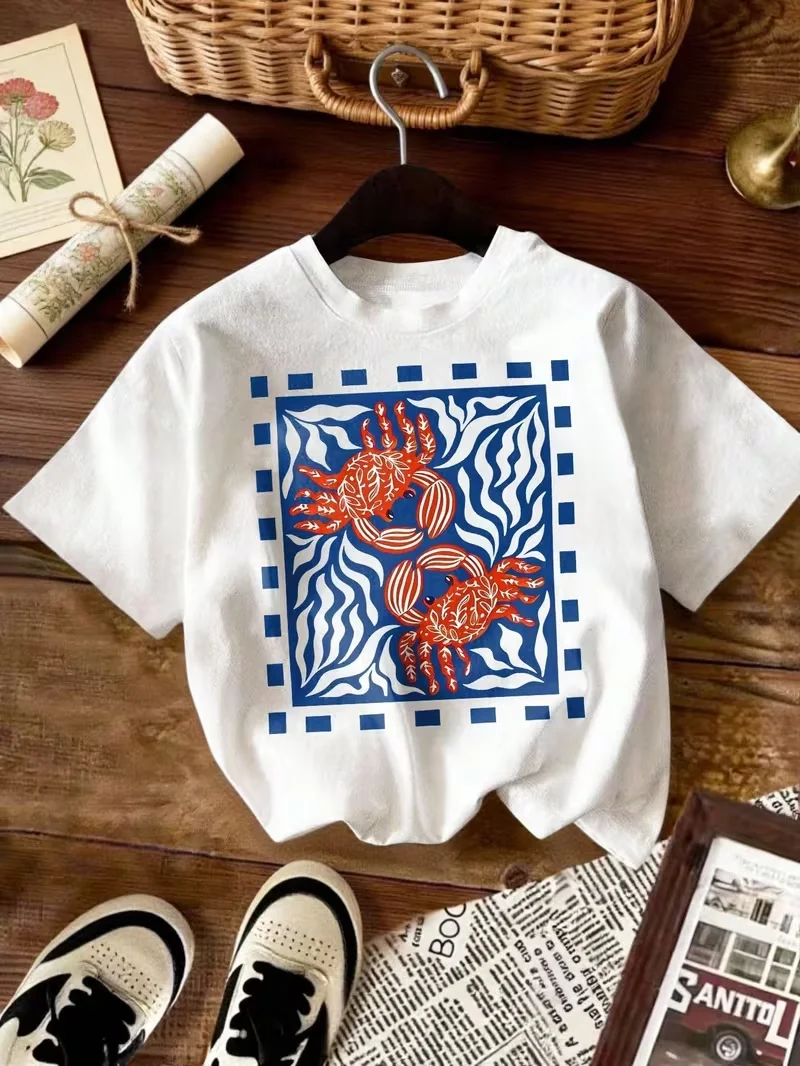 Watercolor Red Crab Coastal Graphic T-Shirt, Seafood Lover Summer Beach Print Crew Neck Short Sleeve,Daily Top Women's T-shirt