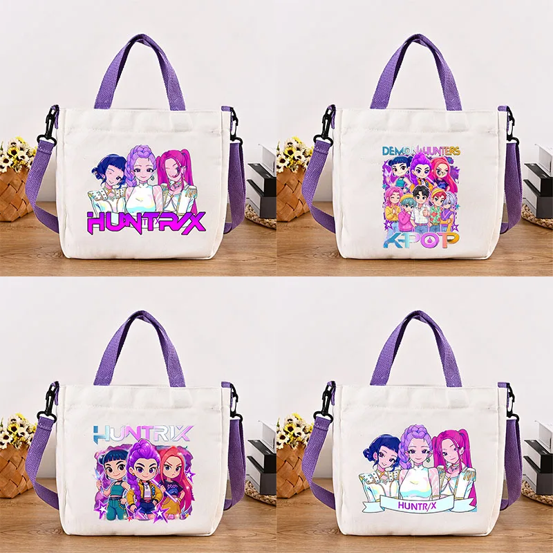 

KPop Demon Hunters Canvas Bag Girls Simple Trend Purple Square Handbag Tote Bags Anime Crossbody Shoulder Packet Birthday Gift