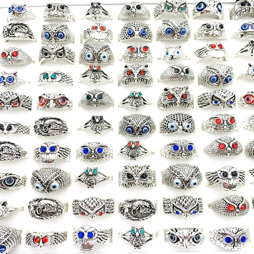Mixmax-خواتم بومة عتيقة للرجال والنساء ، مجوهرات حفلات البانك ، عيون متعددة الألوان ، نمط فضي ، تصميم الأزياء ، 20