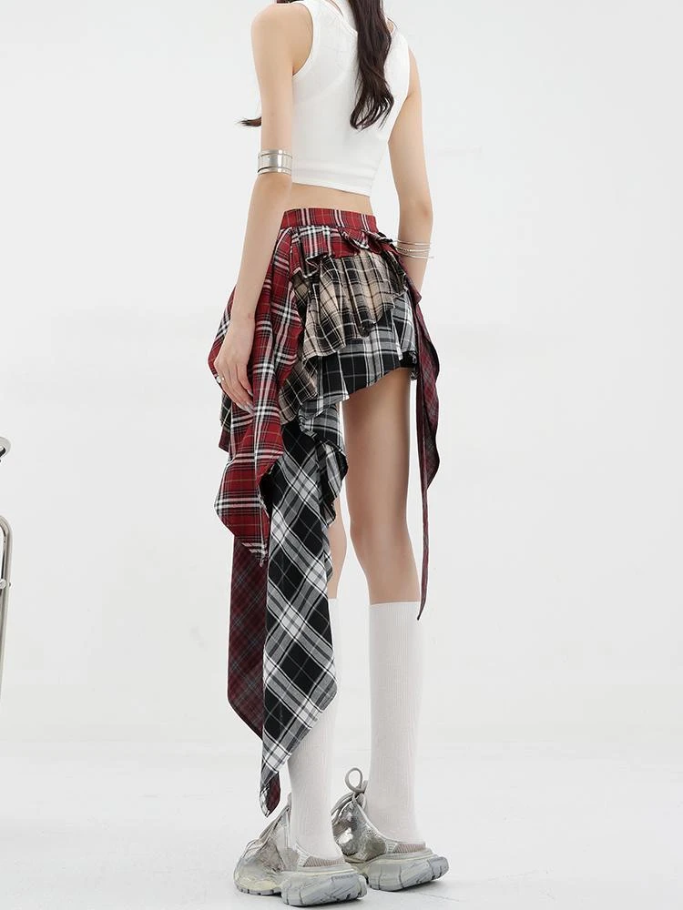 Vintage Fashion High Quality Plaid A-line Skirt Summer Women High Street Sexy Slim Asymmetrical Mini Skirt Coquette Streetwear