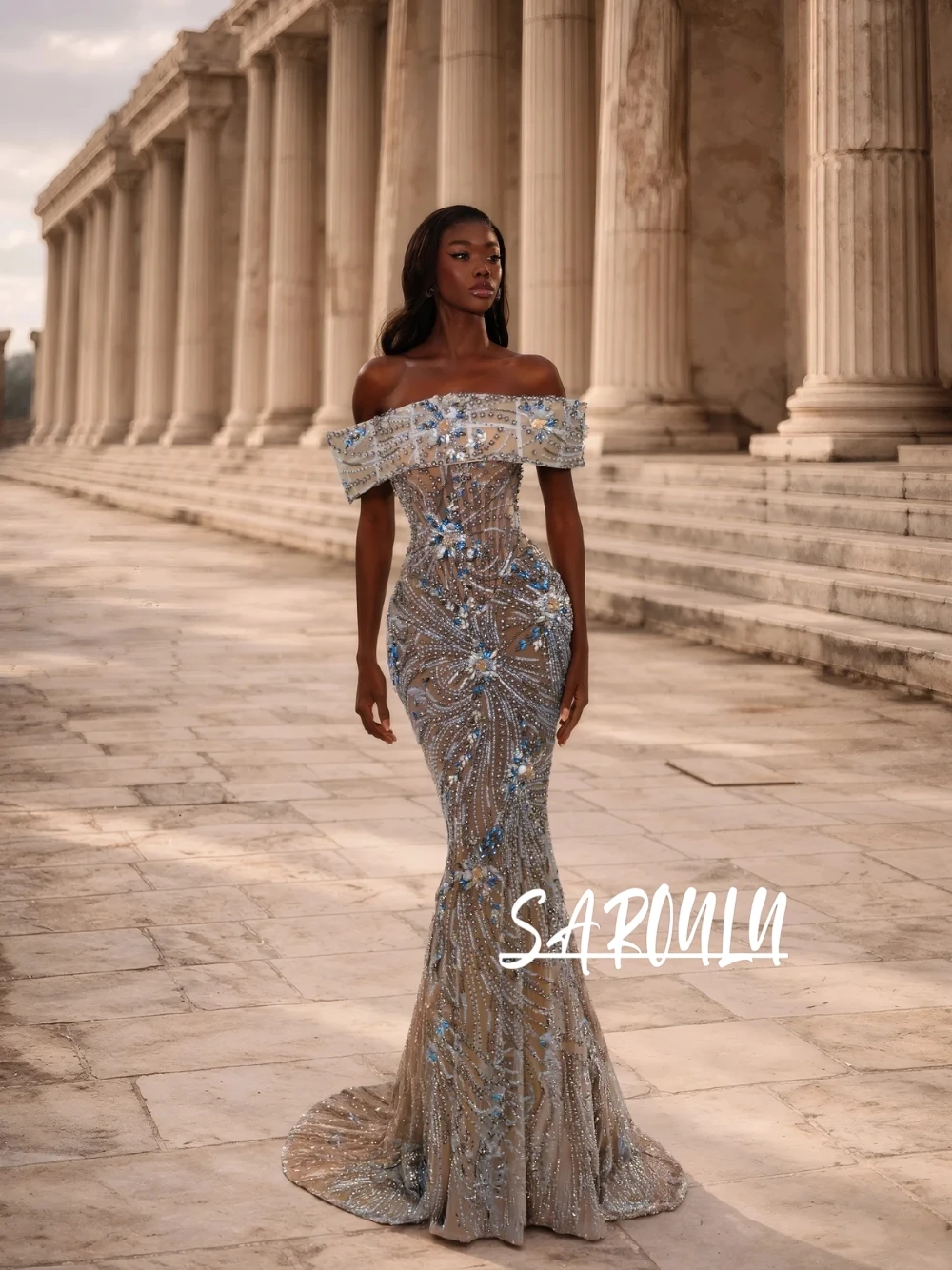 

Elegant Off Shoulder Sheer Luxe Evening Gown Silver & Blue Crystal Embellished Mermaid Prom Dress Customized For Wedding Guest
