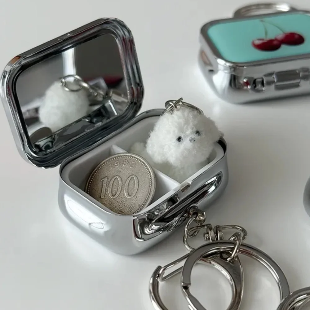 Korean Style Cute Fruit Print Mini Pill Box With Keychain Portable 2 Grid Medicine Case Mirror Travel Earring Jewelry Storage - view 4