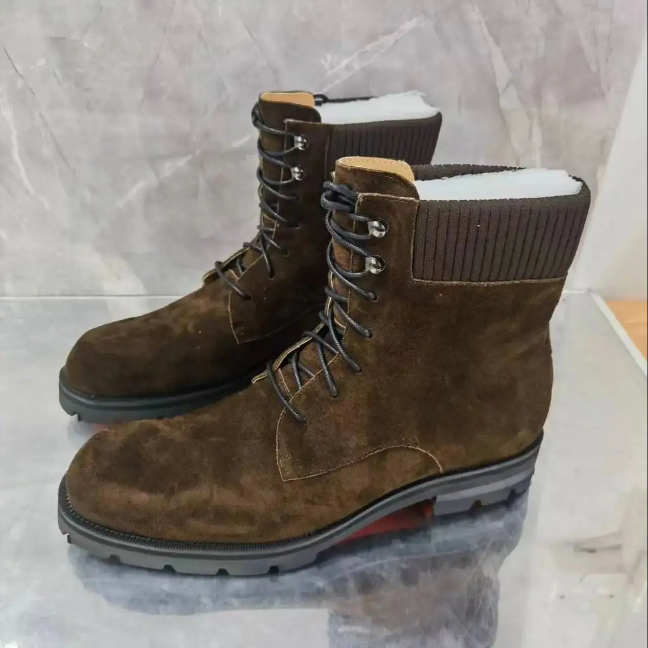 

Brown Leather Flannel Lace-Up Short Boots For Men Round Toe Thick Red Sole Chunky Mid Heels Boats Male Winter Snow Shoes Outwear