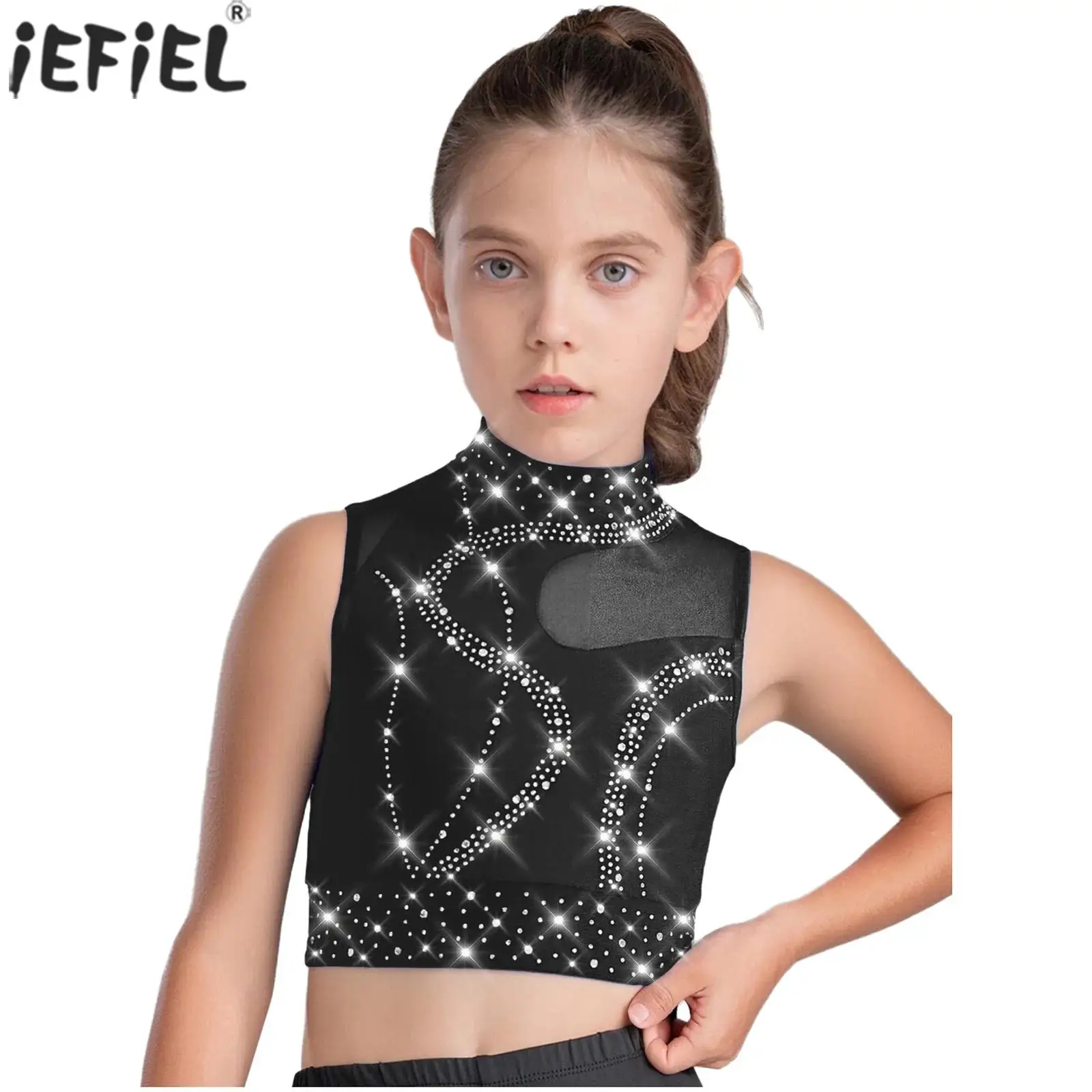 Girls Shiny Rhinestones Gymnastics Dance Tops Sleeveless Sheer Mesh Crop Top for Ballet Figure Skating Performance Competition