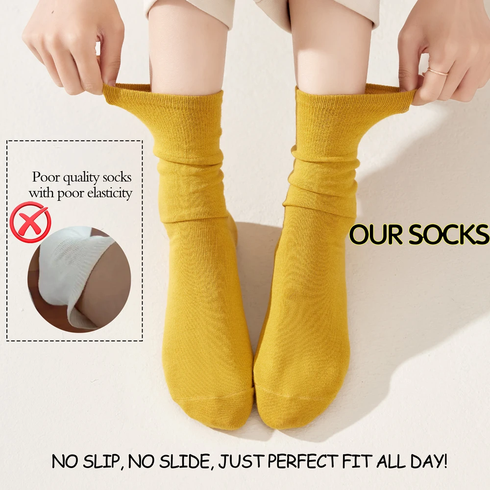 Hot Seamless Cotton Socks - Breathable Moisture-Wicking Mid-Crew Socks for Women Retro Harajuku Style Solid Color Casual Wear