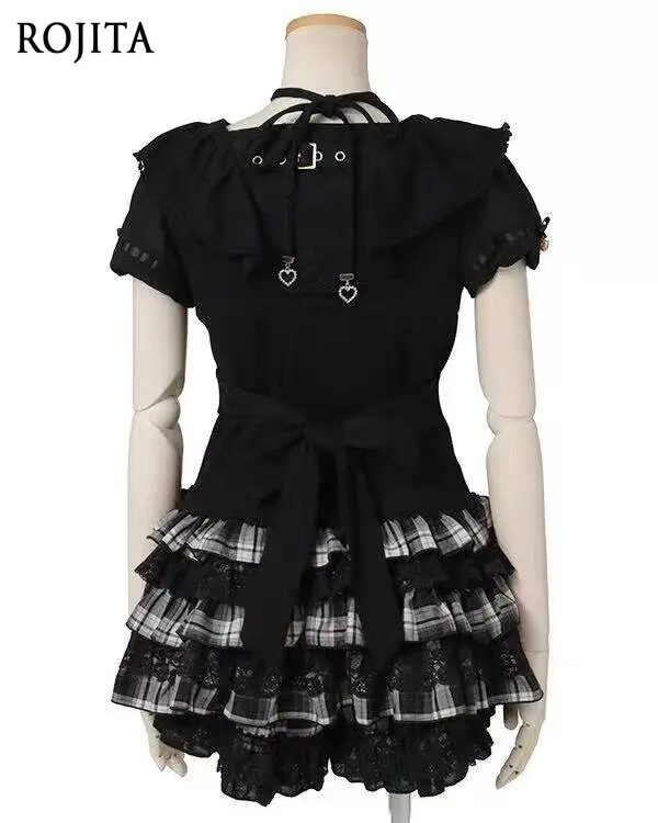 Japanese Sweet and Cute Liz Plaid Splicing Short-sleeved Dress Shorts Set Gothic Lolita 2 Piece Set Women Halter Cross Strap Top