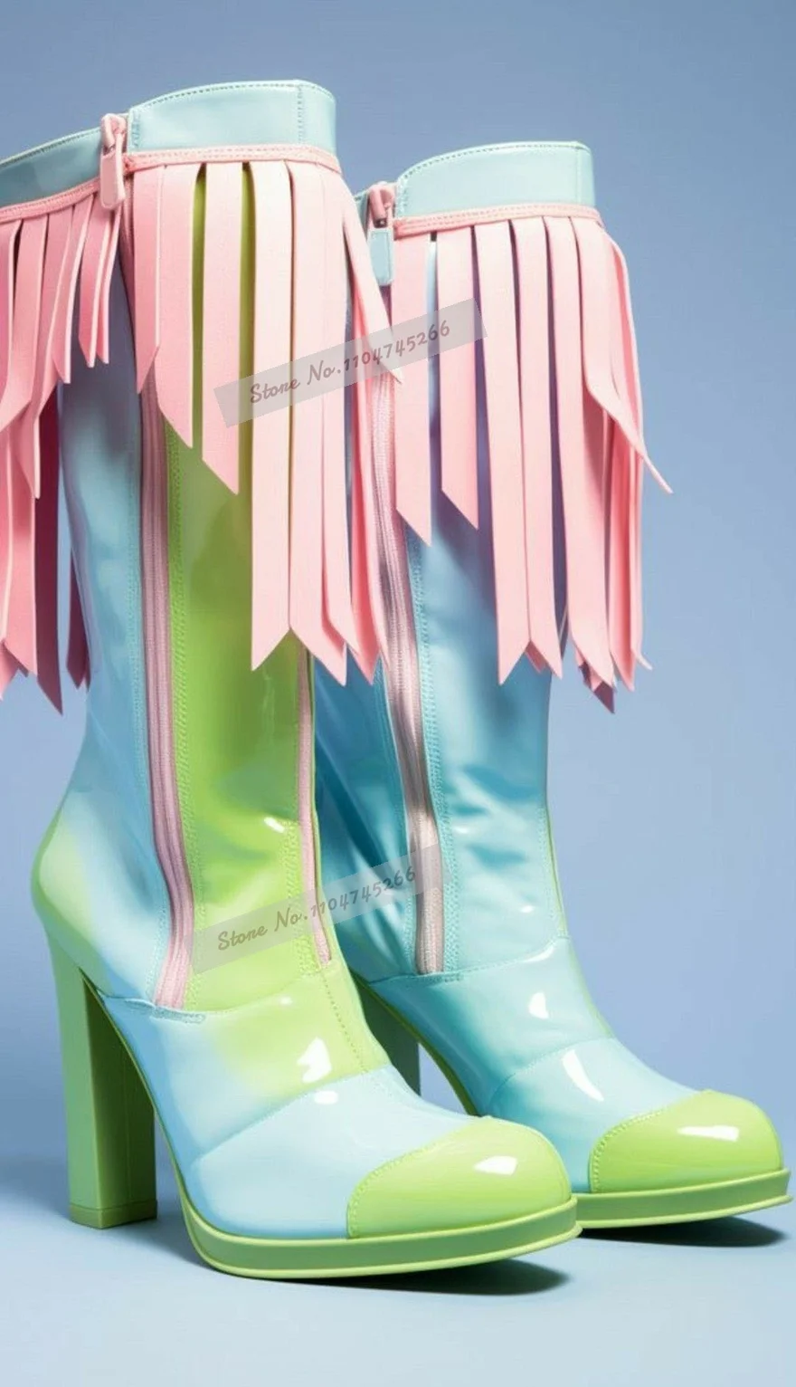 Y2K Green Color Patchwork Fringe Knee High Boots Cute Pastel Chunky Heel Pink Tassels Long Boots Party Cosplay Boots