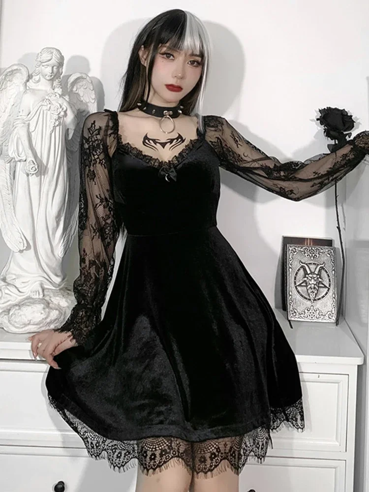 Black Gothic Lolita Style Dress for Women Lace Trim High Waist Bodycon Vestidos E-girl 90s Vintage Punk Harajuku Grunge Clothes