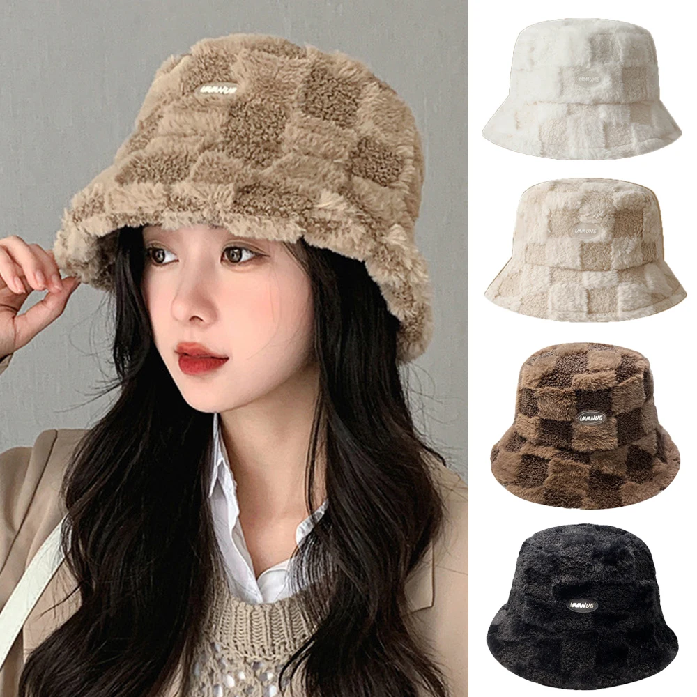 

Winter Warm Fur Bucket Hat Plaid Women men Outdoor Warm Fluffy Panama caps wide Brim Thickened Wool Windproof Fisherman Caps