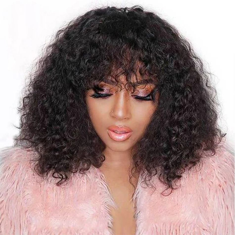 

Glueless Kinky Curly Human Hair Wigs With Bangs Scalp Top Full Machine Made Wigs For Women Brazilian Short Bob Wig With Bangs
