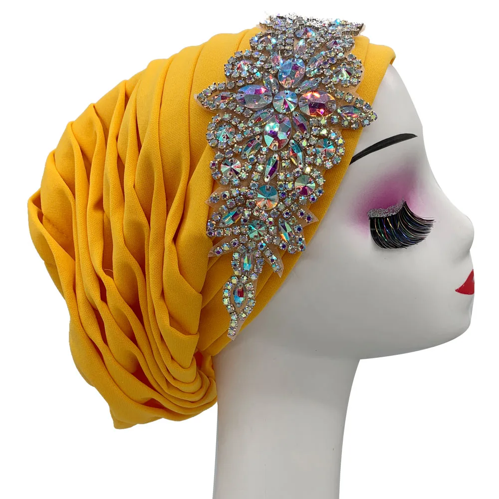 Luxury Rhinestones Women\'s Turban Cap Pleated African Head Wraps Muslim Hijab Lady Headscarf Bonnet Turbante Mujer