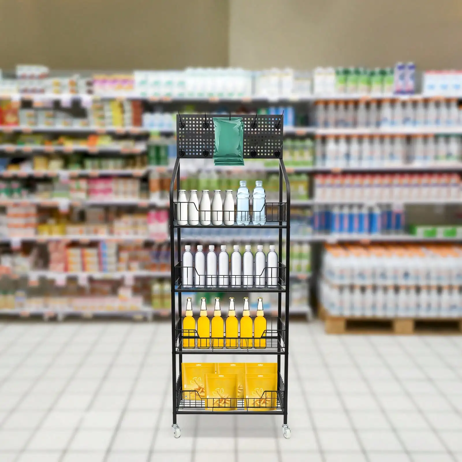 RibasuBB 4-Tier Adjustable Rolling Snack Rack With Perforated Hanging Board, Lockable Wheels, Iron Baking Finish, 10kg Per Tier, Freestanding Black Display