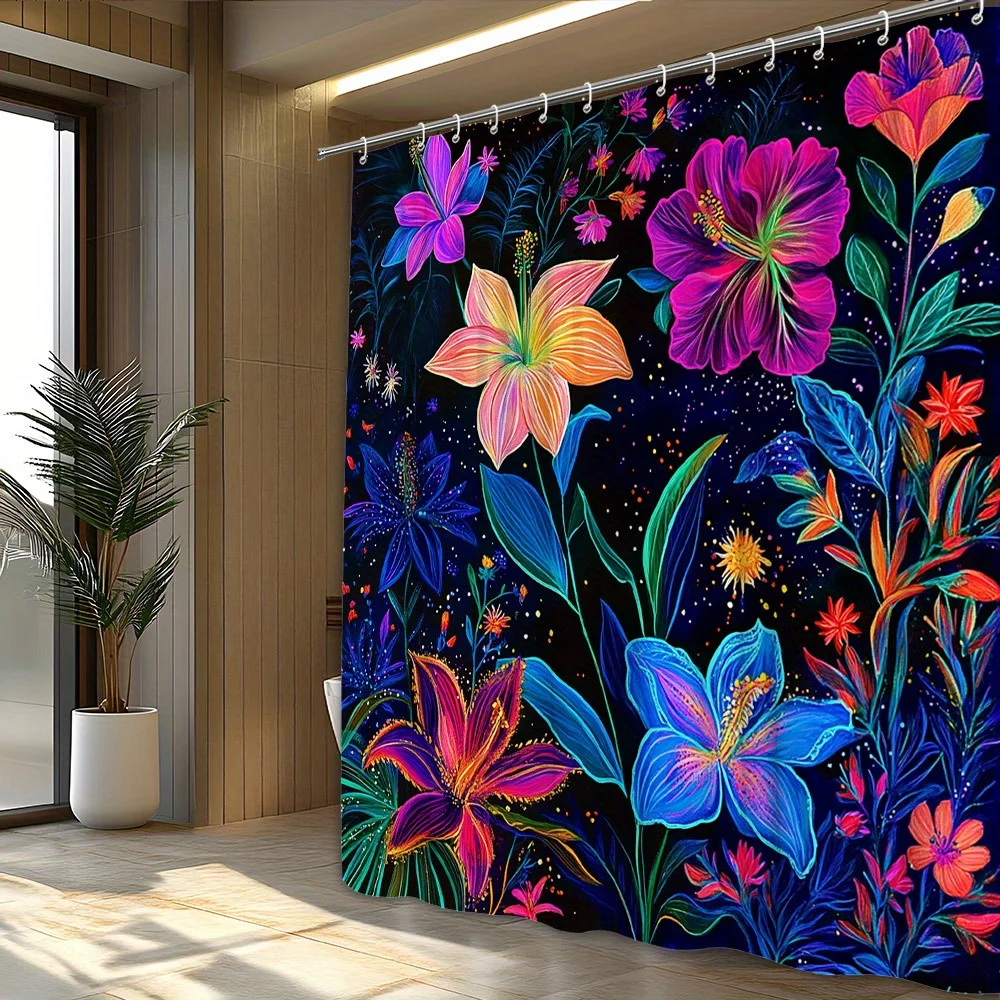 Neon Tropical Flower Shower Curtain, Vibrant Botanical Waterproof Bath Curtain, Dark Floral Bathroom Decor Art