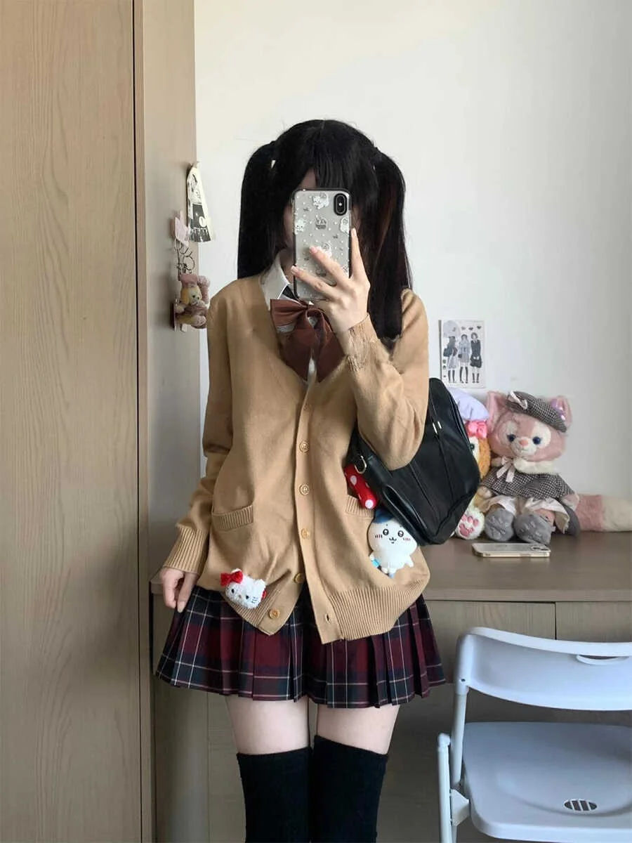 طقم سترة محبوكة بأسلوب حلو للنساء، طقم من ثلاث قطع على الطراز الكوري والياباني، كارديجان بأكمام طويلة وياقة على شكل V للربيع ...