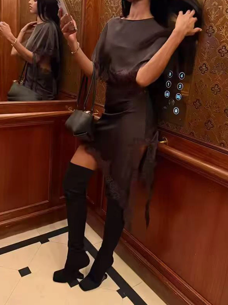 Irregular Slim Fit Sexy Dresses Ladies O-neck Lace Patchwork Solid Party Dress New 2026 Temperament Satin Hollow Out Long Dress