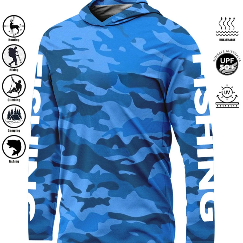 UPF 50+ Uv Protection Quick Dry Tops Outdoor Fashion Fishing Hoodie Printing Fishing Shirt Men\'s Long Sleeve Performance Shirt