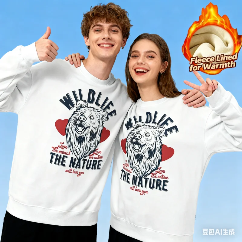 بلوزة بأكمام طويلة ورقبة دائرية من سلسلة طباعة على الطراز الكوري، 100% قطن مع بطانة من الصوف للدفء الإضافي، كاجوال ودافئ #1