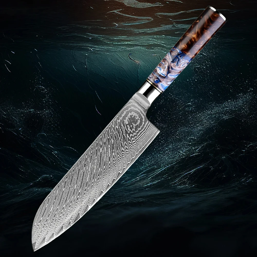 7 Inch Santoku Knife Japanese Damascus Steel Kitchen Knife Professional Sharp Sea Blue Resin Handle Cooking Kitchen Chef's Knife