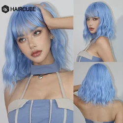 HAIRCUBE Short Blue BOB Curly Wavy Wigs with Bangs Heat Resistant Synthetic Short Wigs for Women Christmas Cosplay Party Wigs