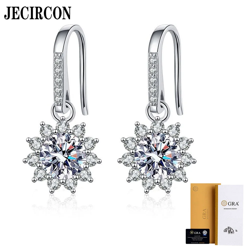 

JECIRCON S925 Sterling Silver Drop Earrings Classic Temperament Sunflower Moissanite Earhook for Women 1ct Light Luxury Jewelry