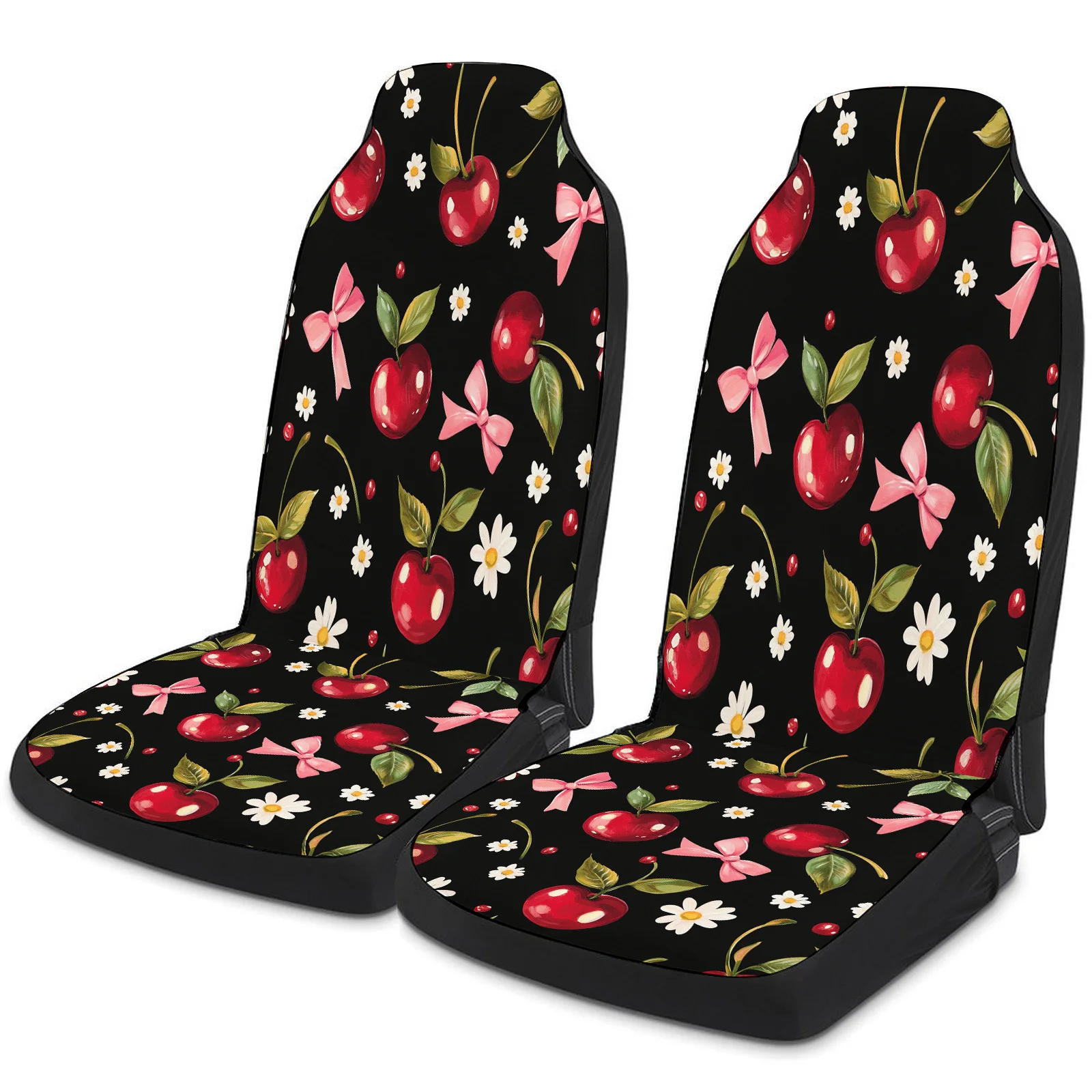 Cherry Pattern Themed Car Seat Cover Set For Most Cars Trucks, Trendy Breathable Car Seat Protector Covers Full Set, Universal C