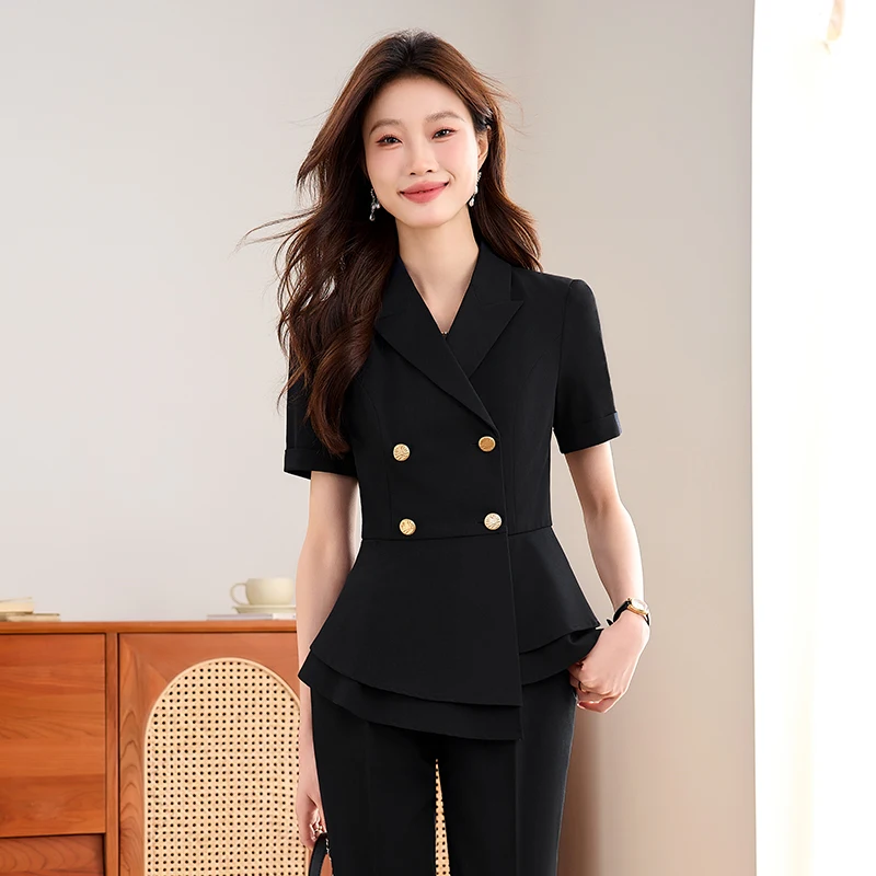 

NAVIU Summer Short Sleeve Suit Professional Women Ensemble Hotel Front Desk Reception Formal Jewelry Work Uniform Blazer Pants