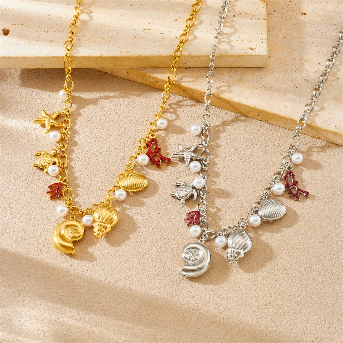 Cross-border Fashion Niche Design Diamond Starfish Conch Coral Oil-Drop Pendant Bamboo Chain Personalized Sporty Unisex Necklace