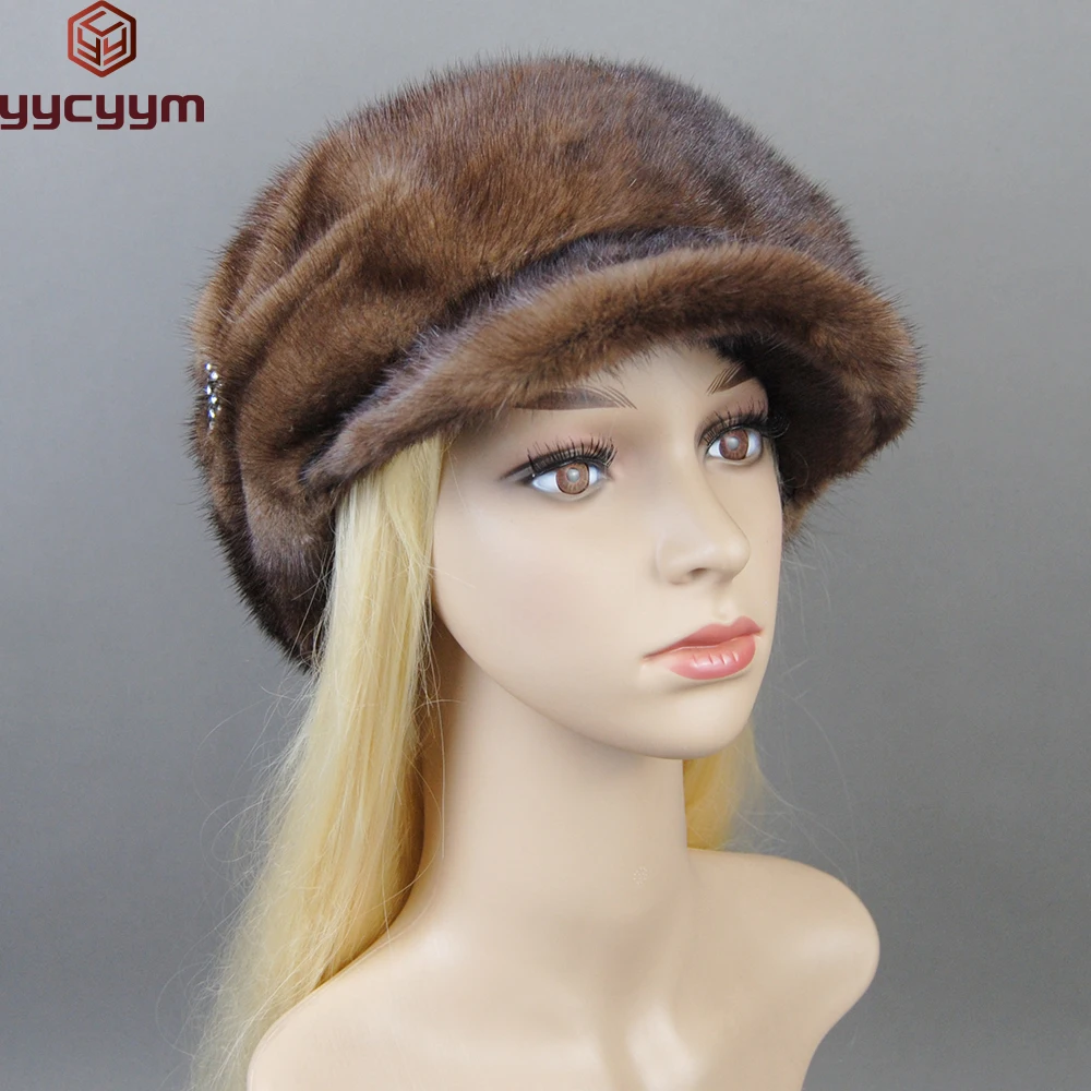 New Luxurious Ladies Fashion 100% Natural Mink Fur Visors Caps Winter Women Warm Outdoor Mink Fur Cap Full Pelt Female Fur Hats