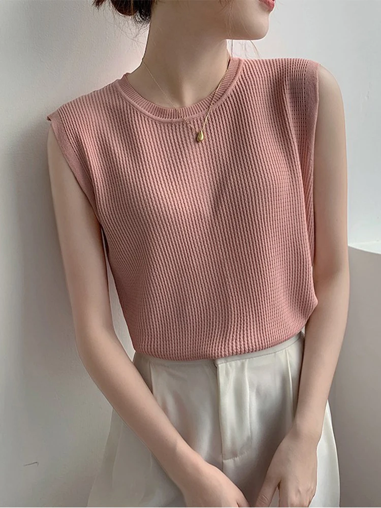 

Ele round Ne Svel Top Women Outerwear Summer New Loose Slimming Ice Silk Knitted Wide oulder Vest Faionable C...