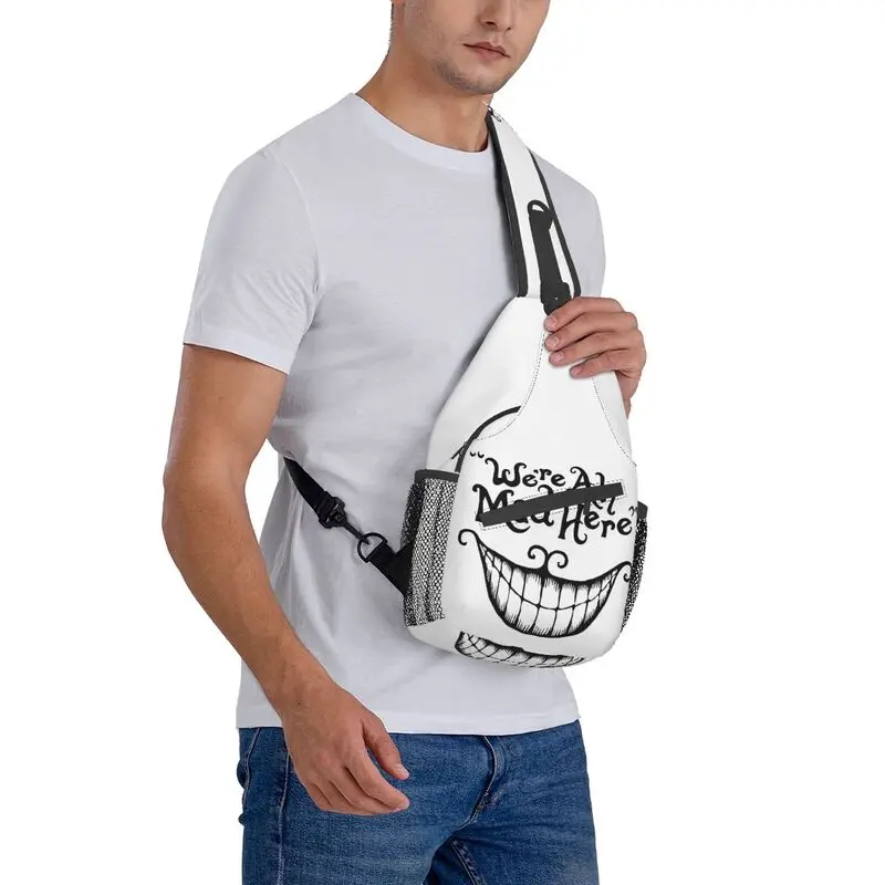 We Are All Mad Here Sling Chest Crossbody Bag Men Casual Cheshire Cat Shoulder Backpack for Hiking