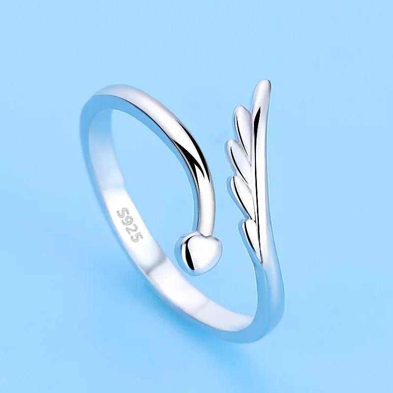 

Love and Angel Wings 925 Sterling Silver Adjustable Rings Women Ring Cute Jewelry Lovers Gift Party Accessories