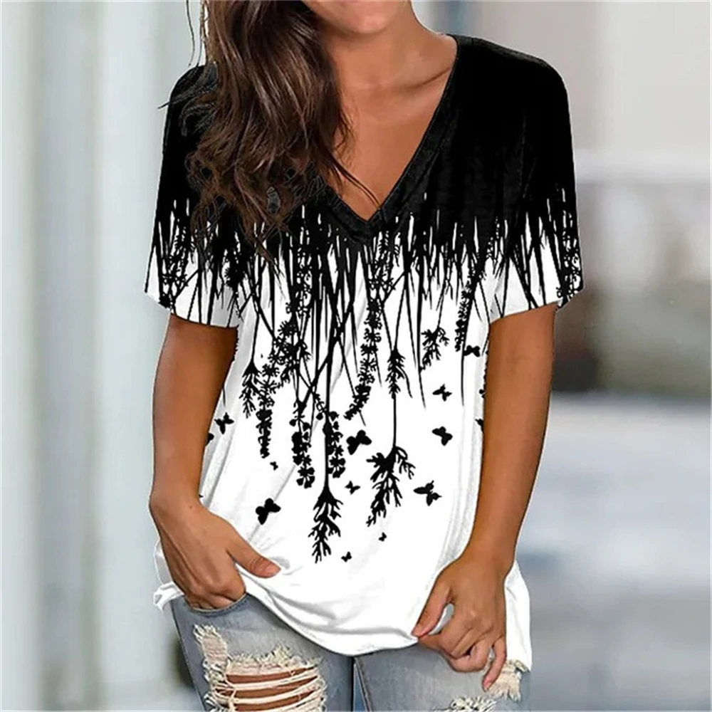 

Plant Flowers 3D Print Pattern Women Streetwear T-Shirts Short Sleeve Loose Casual Summer Tops V-Neck Ladies Tees Oversized