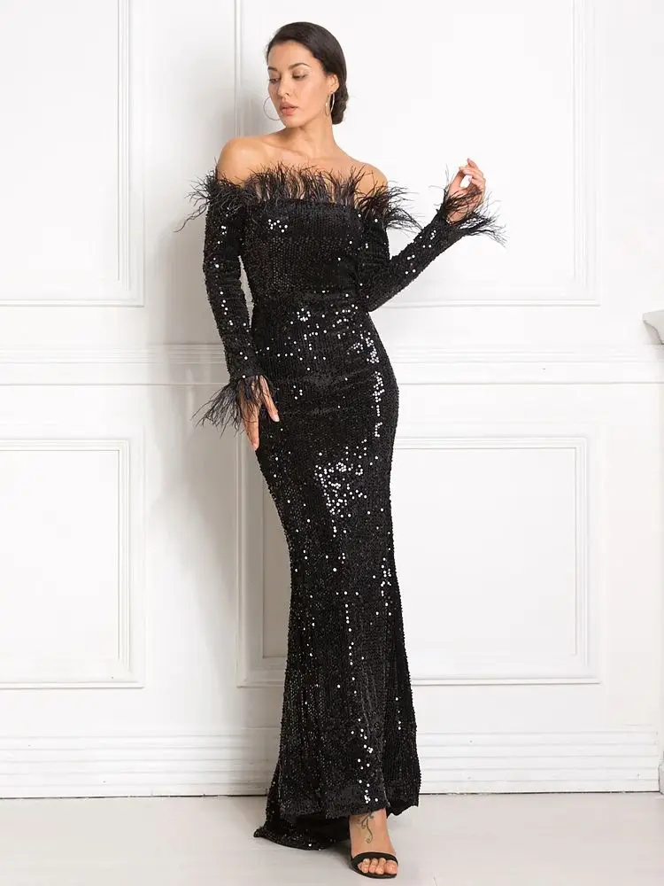 

Romagic Off Shoulder With Feathers Long Sleeves Wedding Party Dress Long Women Sequin Stretch Celebrity Evening Gown Winter