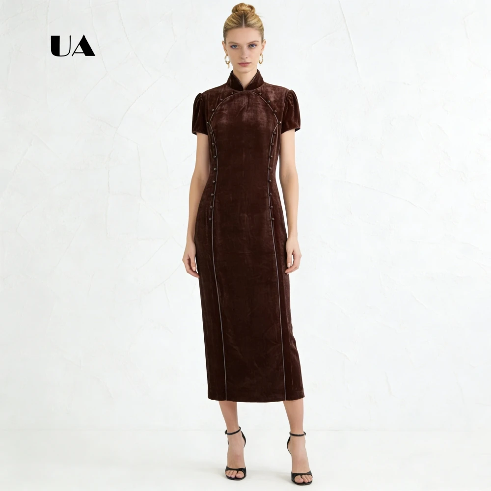 

ULBYANRY Velvet Prom Dress with Short Sleeves, Solid Mandarin Collar Button Evening Dress, Waist-cinching Customized Party Gown