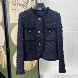 Luxury Tweed Short Coat for Women, Small Fragrance, O Neck, Tassel, Simple, Casual, High Quality, French Fashion, Autumn, Winter