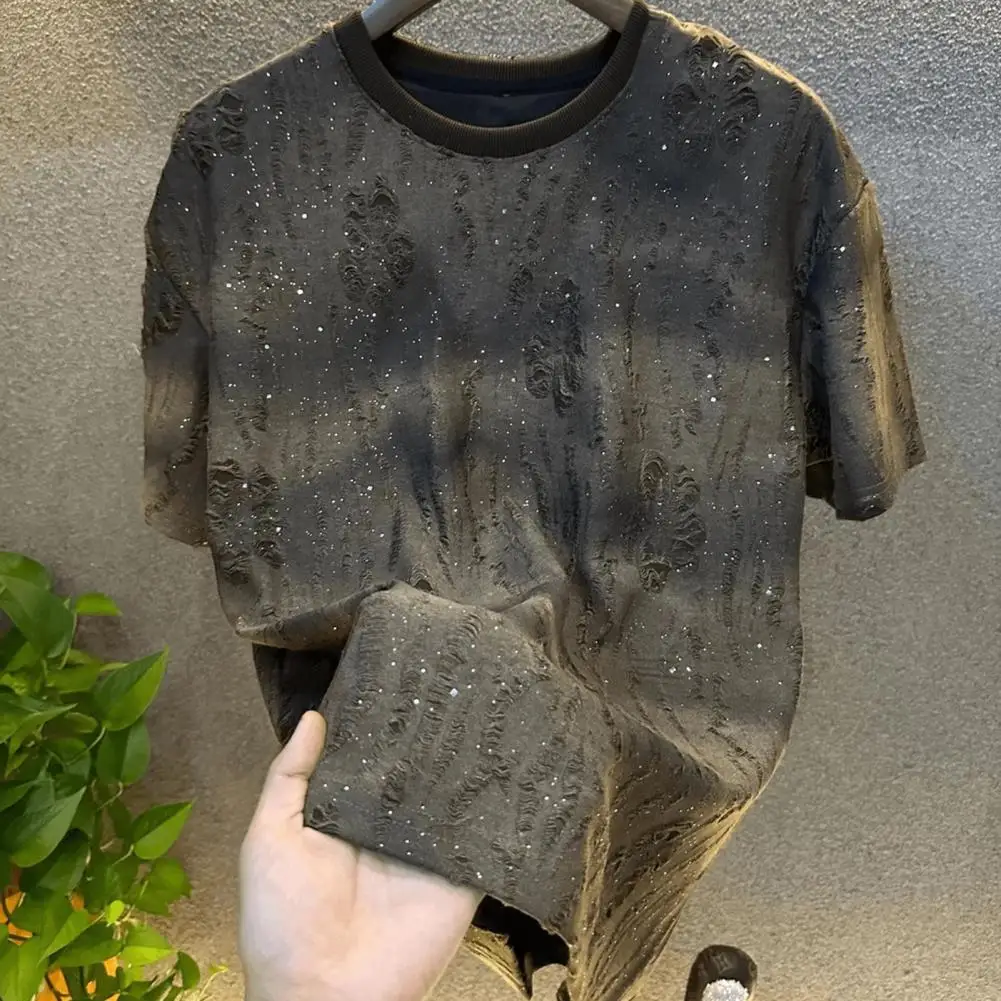 Men Stylish Shabby T-Shirt Loose Fit Comfortable Tee Sparkling Embellishment Summer Tee Shirt for Holiday Street Wear