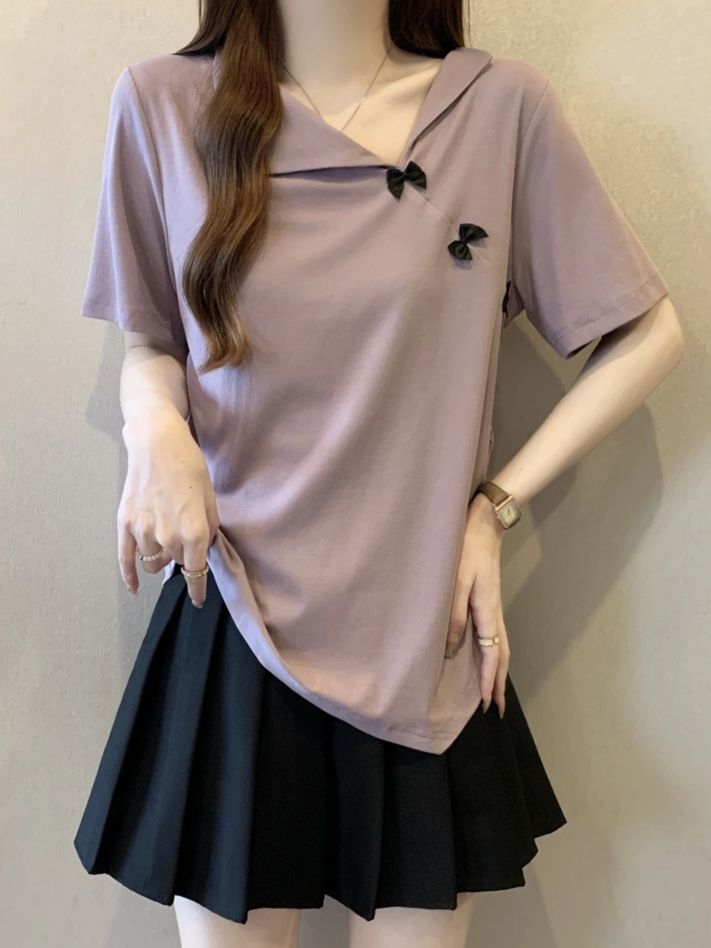 

Unique Beautiful Asymmetric Short Sleeve T-Shirt Women's plus Size Knot Base Shirt Summer Casual Korean Style Top