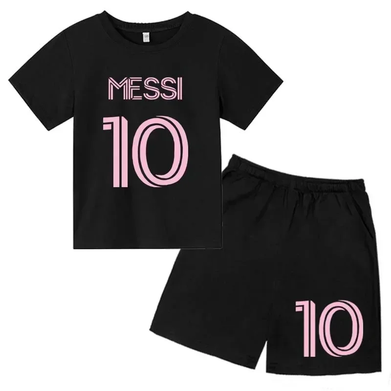 Summer Kids Football No.10 Messi Brand Print T-shirt+shorts 2pcs Set Sports Suits 3-14Y Boys Girls Idol Streetwear Children Sets