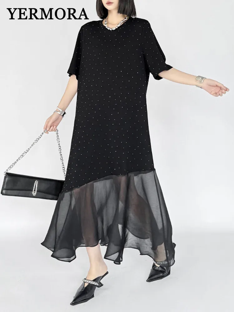 

YERMORA Women Black Rhinestone Spliced Mesh Hem Casual Dress O-neck Short Sleeve Loose Fashion Tdie Spring Summer 2025 New