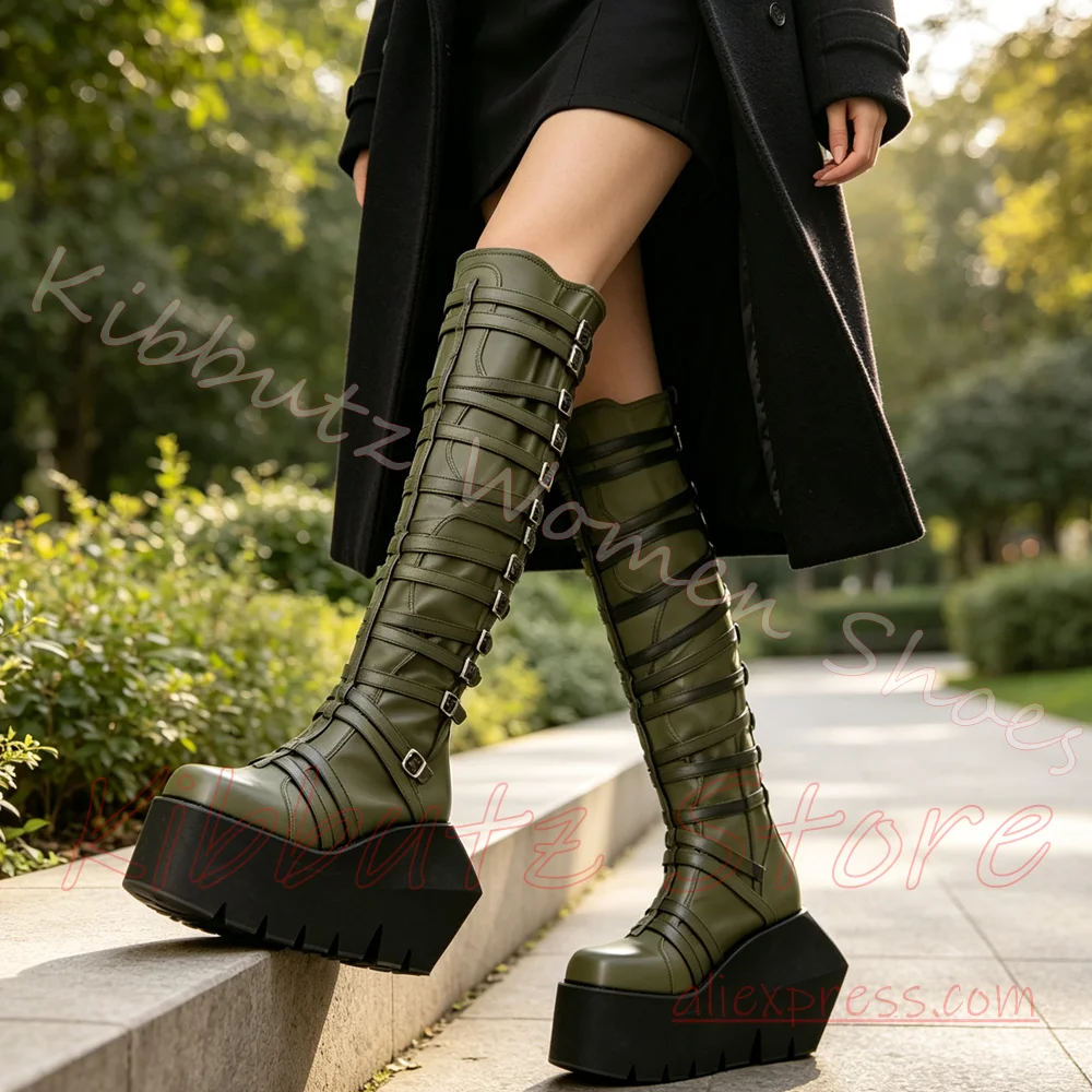 Punk Knee High Platform Boots Women Multi Strap Buckle Round Toe Leather Serrated Sole Alt Goth Street Footwear Solid Color Sexy
