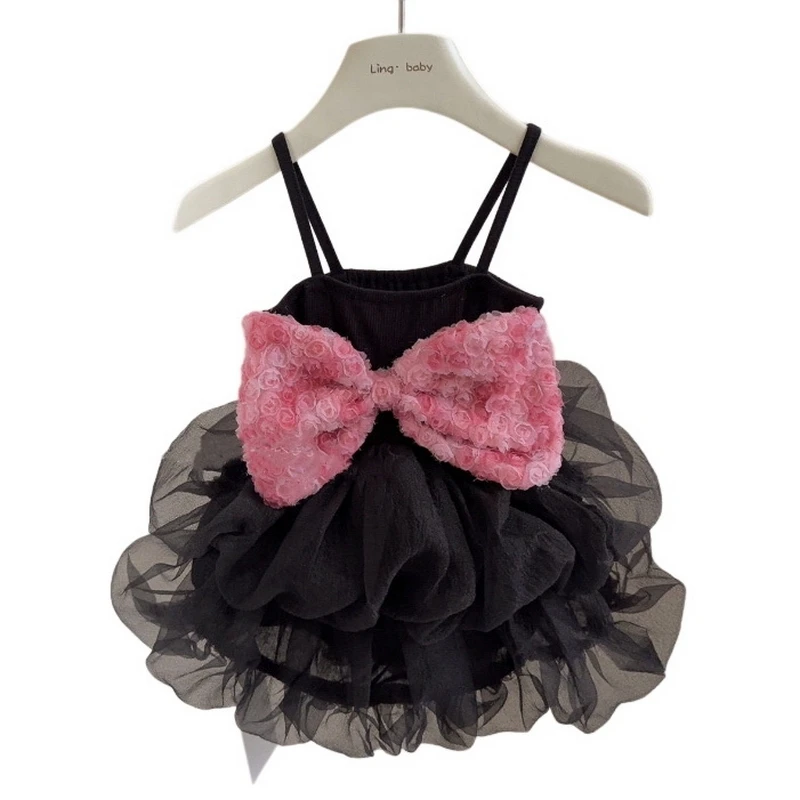 Cat and Dog Dress Summer Pink Rose Bow Slip Dress Bubble Skirt Black Princess Dress Small and Medium-sized Pet Clothing